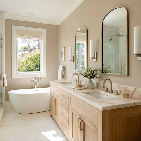 Luxury bathroom remodel in Temecula with custom double vanity, quartz countertop, freestanding bathtub, decorative tile flooring, brass fixtures, and bright natural lighting designed to make the space feel larger and more inviting.