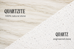 Modern kitchen with an elegant white quartzite countertop featuring subtle gray veining and a large island.