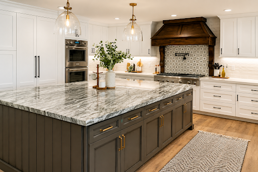Custom kitchen island under installation with white cabinets and modern layout for improved storage and functionality.