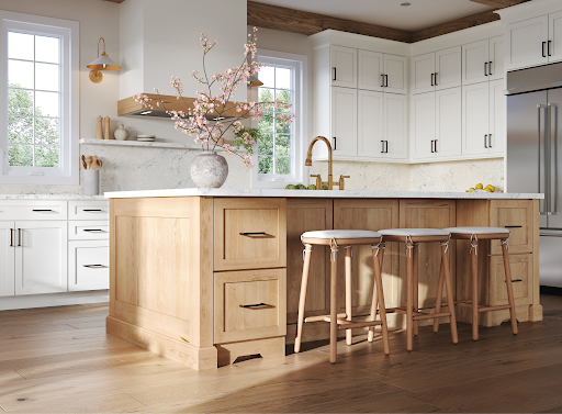 Custom kitchen island with white cabinets, stone countertops, and modern kitchen design for enhanced storage and functionality.