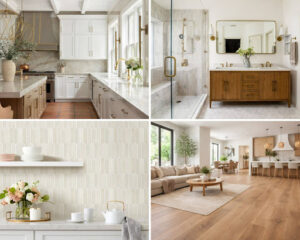 Collage of high-ROI home improvement projects in Temecula featuring a remodeled kitchen with custom cabinetry and quartz countertops, a luxury bathroom renovation, decorative tile backsplash, and open-concept living space with hardwood flooring designed to increase home value and functionality.