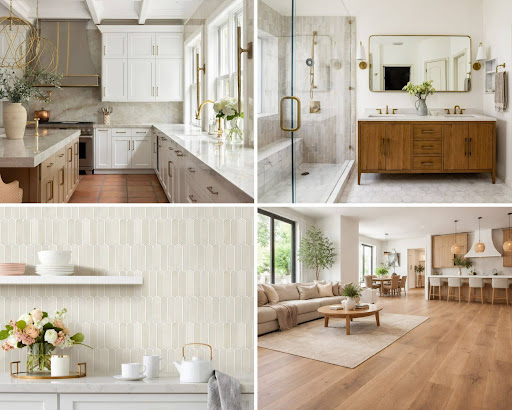 Collage of high-ROI home improvement projects in Temecula featuring a remodeled kitchen with custom cabinetry and quartz countertops, a luxury bathroom renovation, decorative tile backsplash, and open-concept living space with hardwood flooring designed to increase home value and functionality.
