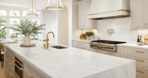 Luxury white marble kitchen island with gold fixtures, gas range, and pendant lights by sunny windows.