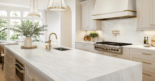 Luxury white marble kitchen island with gold fixtures, gas range, and pendant lights by sunny windows.